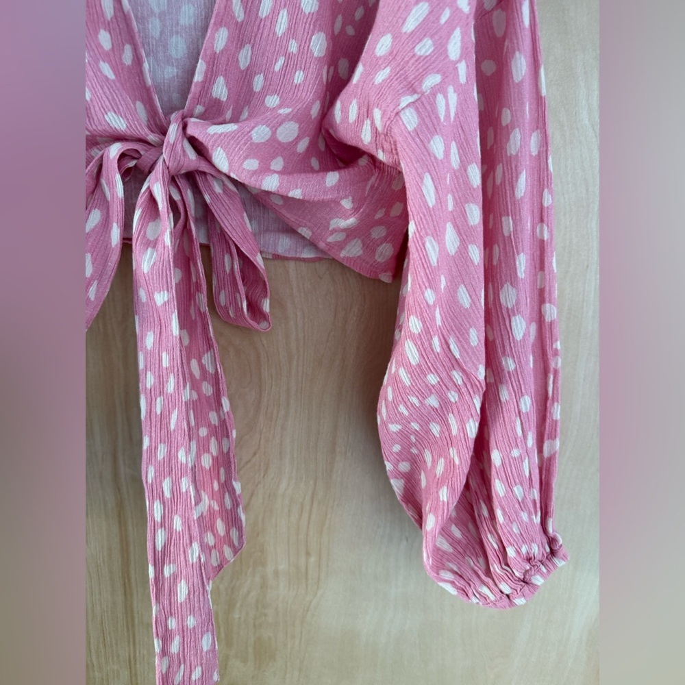 Anthropologie Pink Polka Dot Tie-Front Blouse - Picture 9 of 15